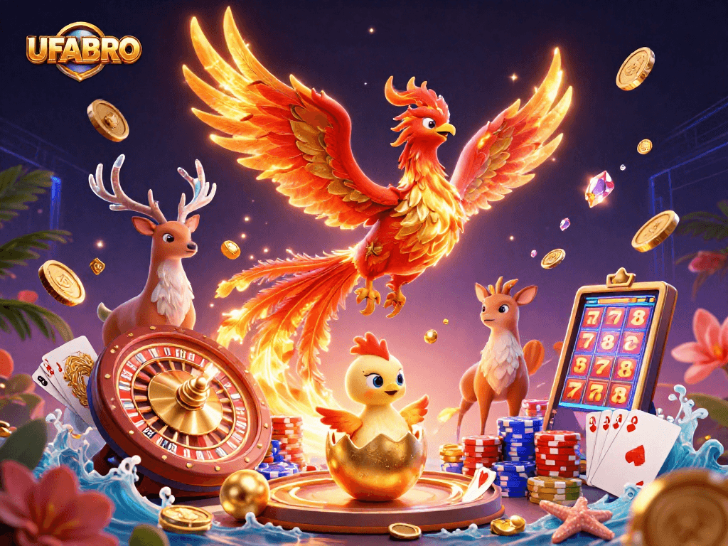 Experience thrilling wins at UFABRO with a striking phoenix and engaging casino elements.