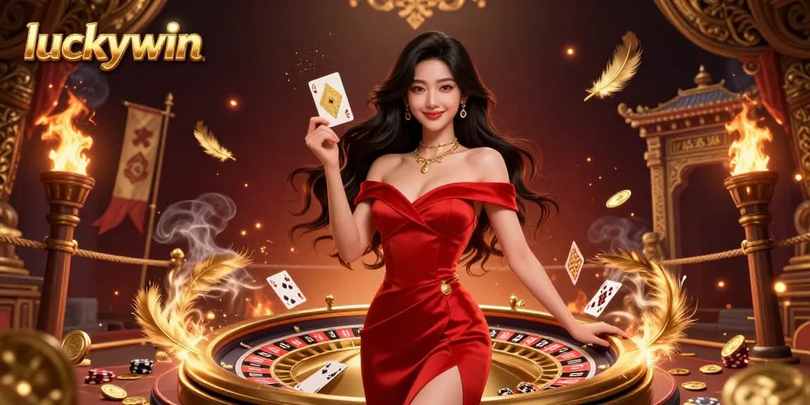Experience excitement at luckywin with a stunning 3D illustration of a beautiful Asian dealer by the roulette wheel.