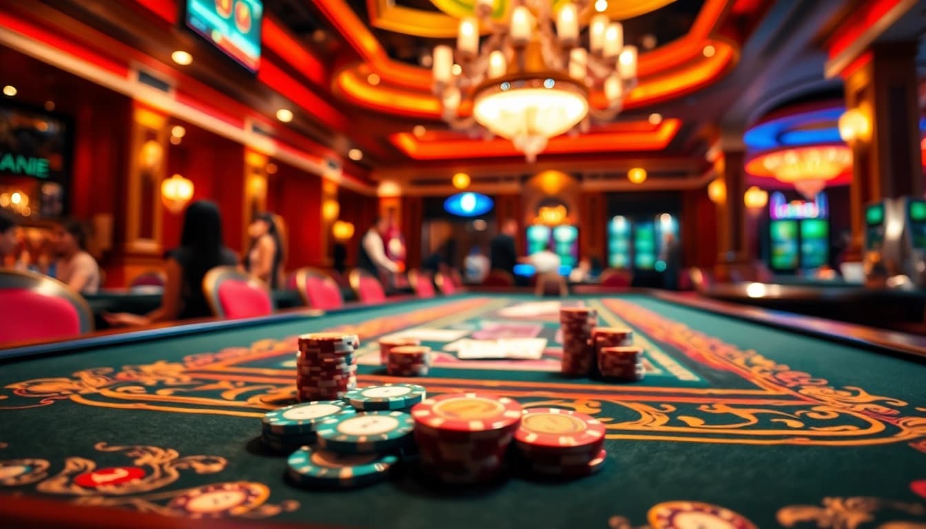 Engaging casino scene showcasing AT99娛樂 with vibrant gaming table and enthusiastic players.