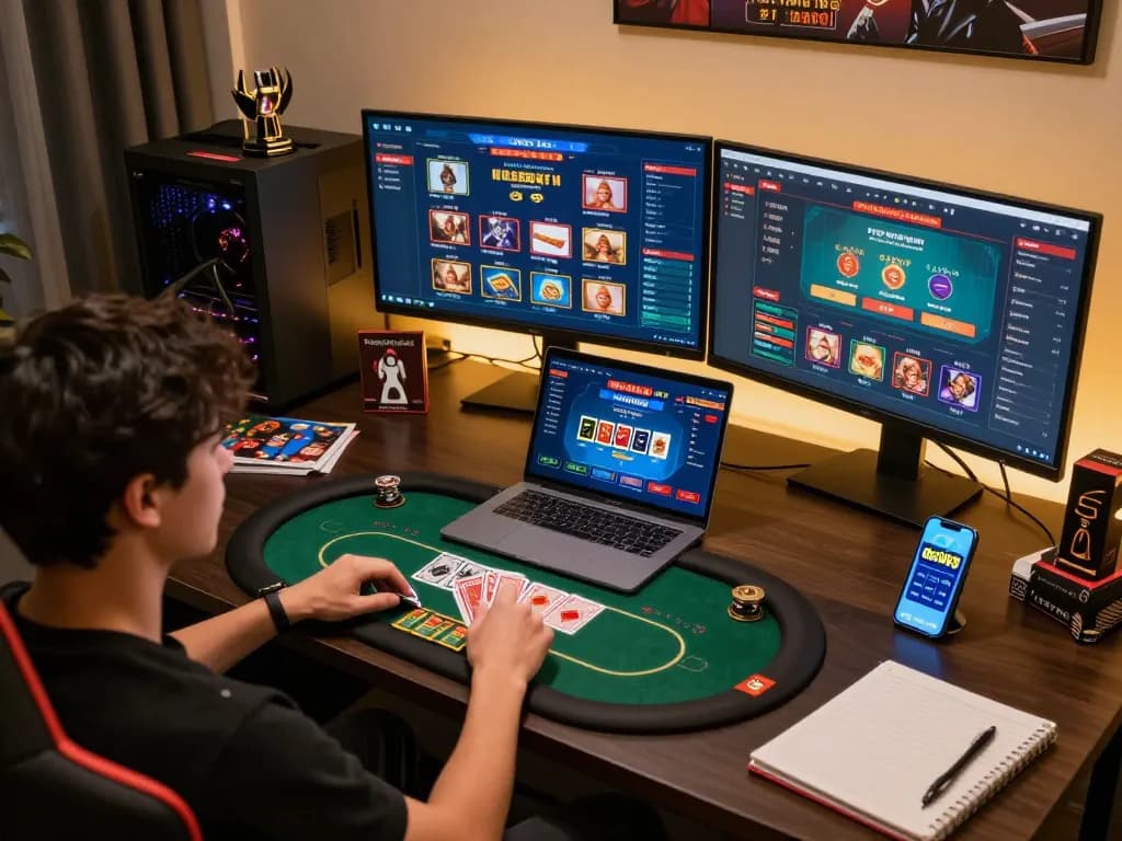 Player using dash88 app for online casino gaming in a cozy home setup with multiple screens and strategy notes.