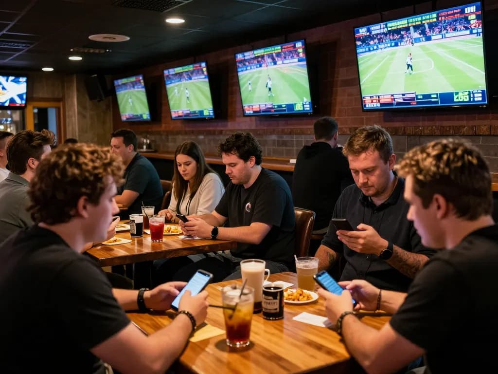 Betting on live sports at 789win with friends, showcasing real-time odds in an energetic sports bar.