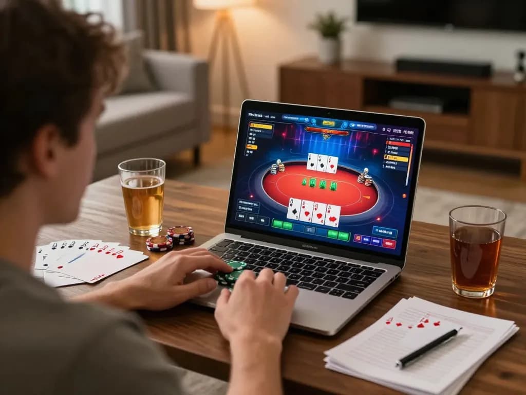 Pemain menikmati permainan poker BIOSKOP69 secara online dengan catatan strategis di rumah