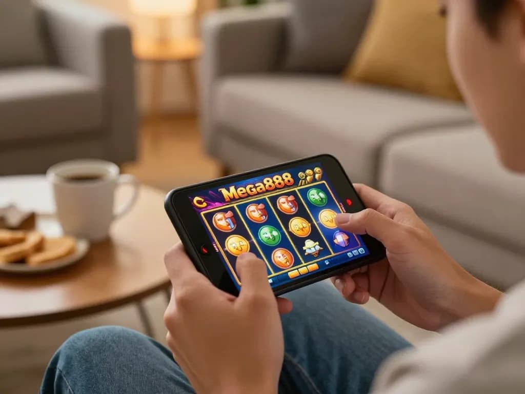 Mega888 player spins the reels on a smartphone in a cozy living room.
