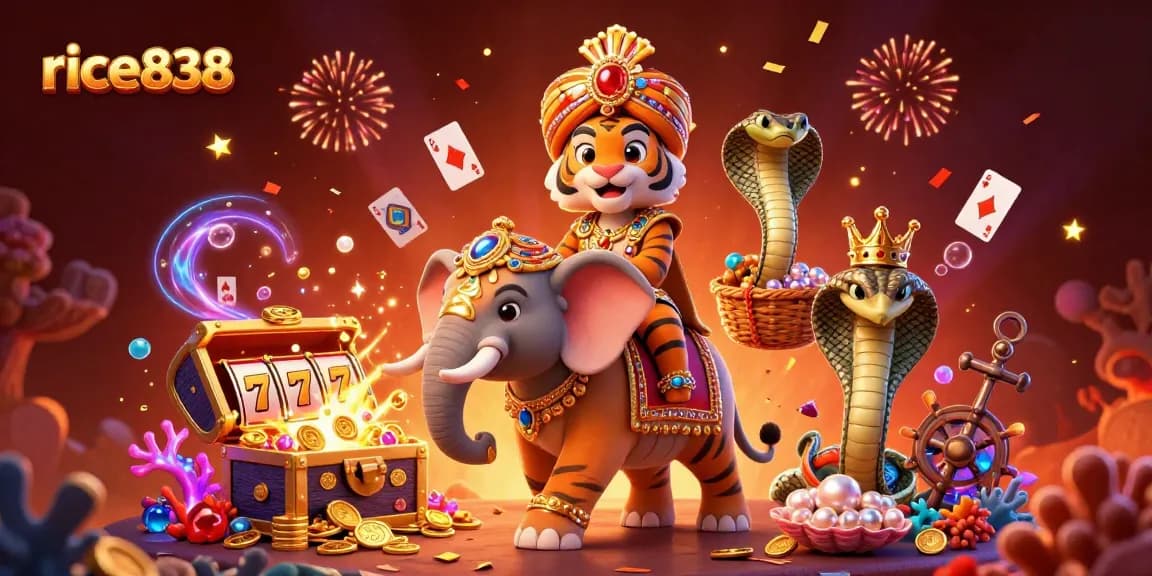 Play and win big at rice838 with colorful slot reels, treasure, and festive casino elements!