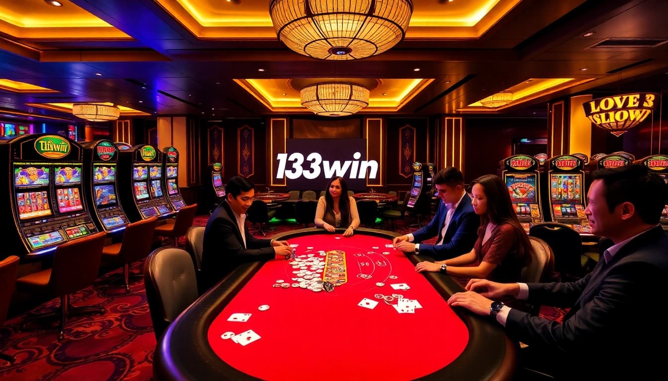Engaging in online gaming at 13win's vibrant casino scene with poker and slot machines.