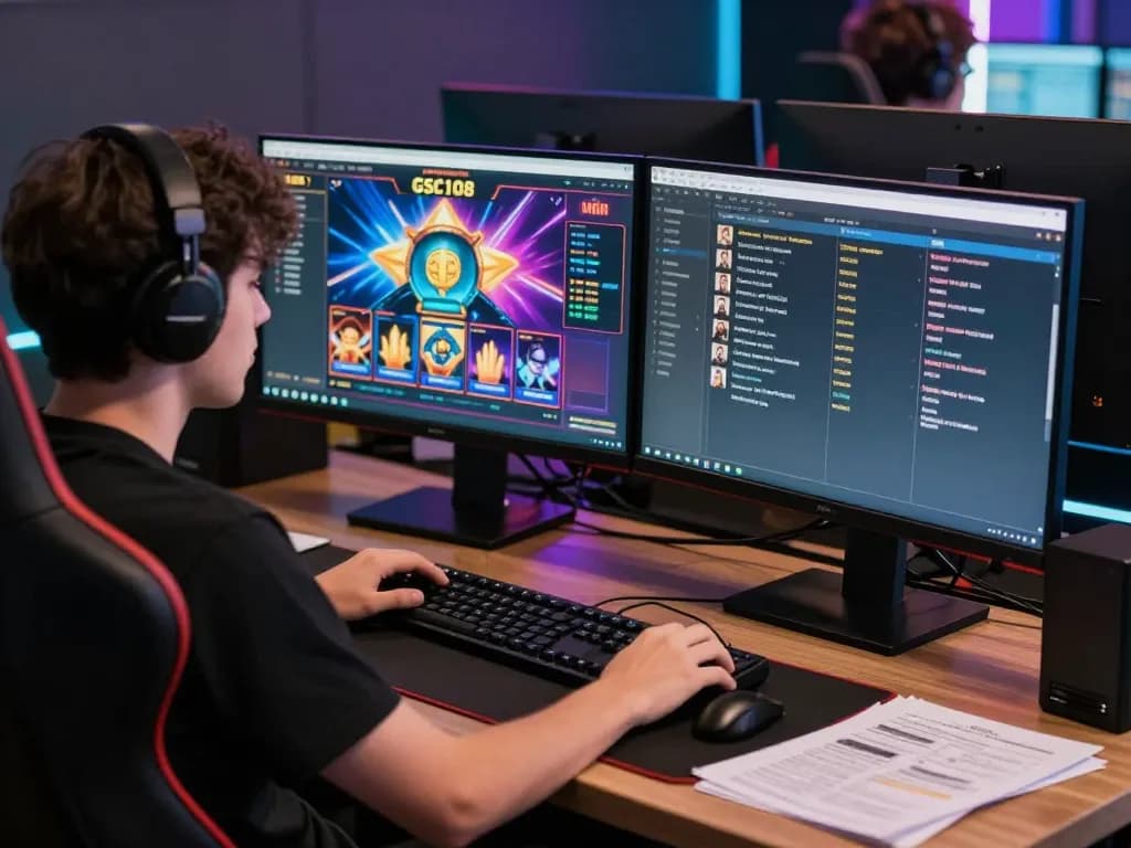 Pengalaman permainan online yang menarik di situs slot Gsc108 dengan grafik yang hidup di dua monitor.