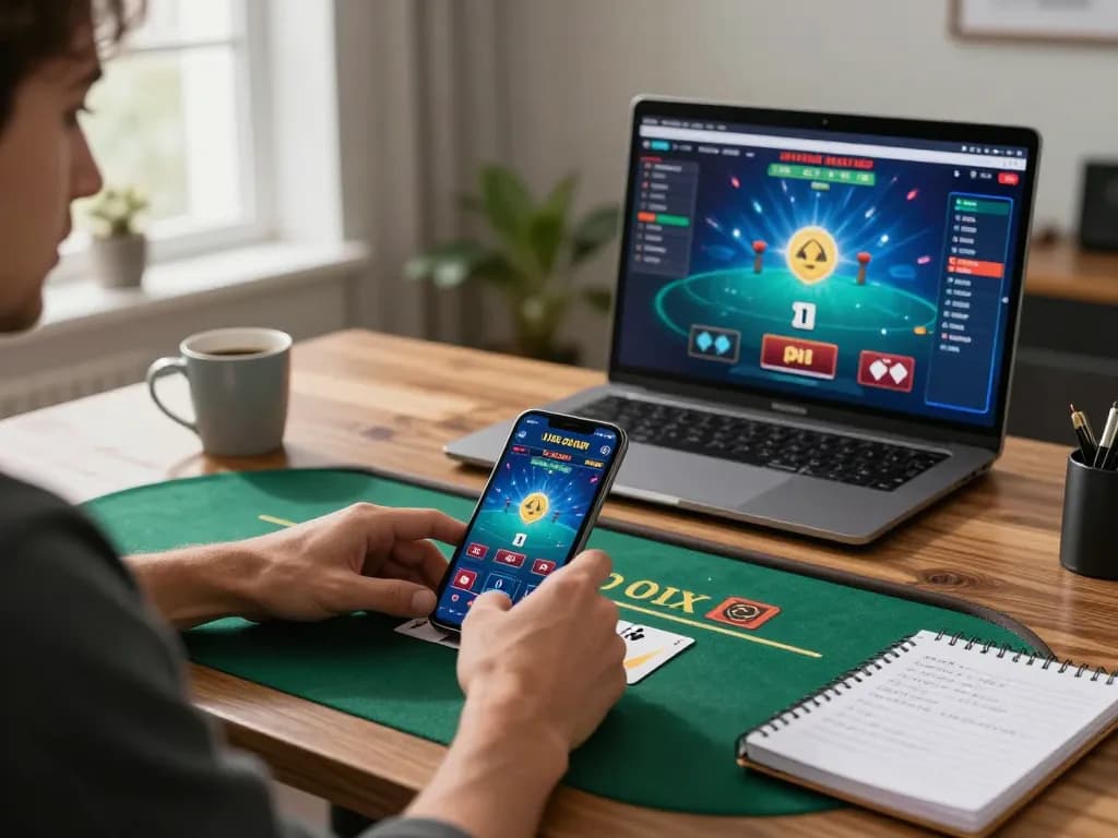 Pemain menggunakan smartphone untuk blackjack dealer langsung ap686 di kantor rumah yang nyaman, menunjukkan permainan yang bertanggung jawab.