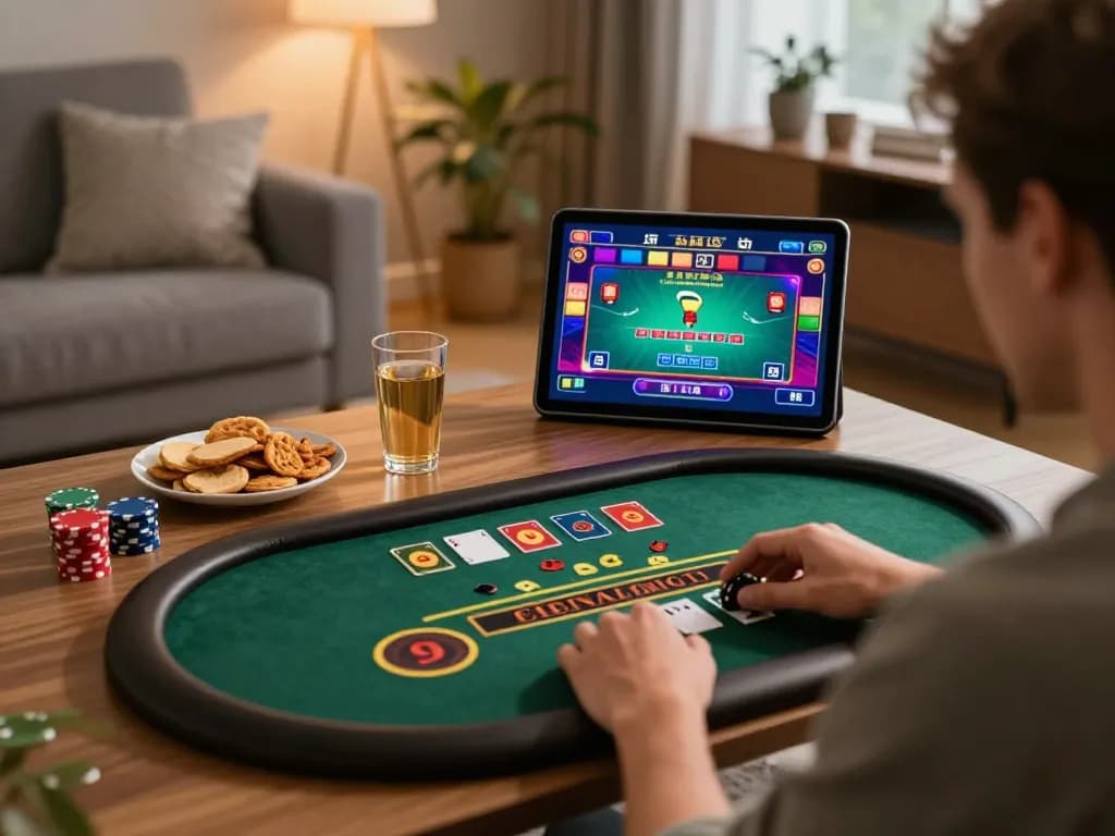 SUNWIN player engaging in live dealer blackjack at home, showcasing the excitement of online gambling.