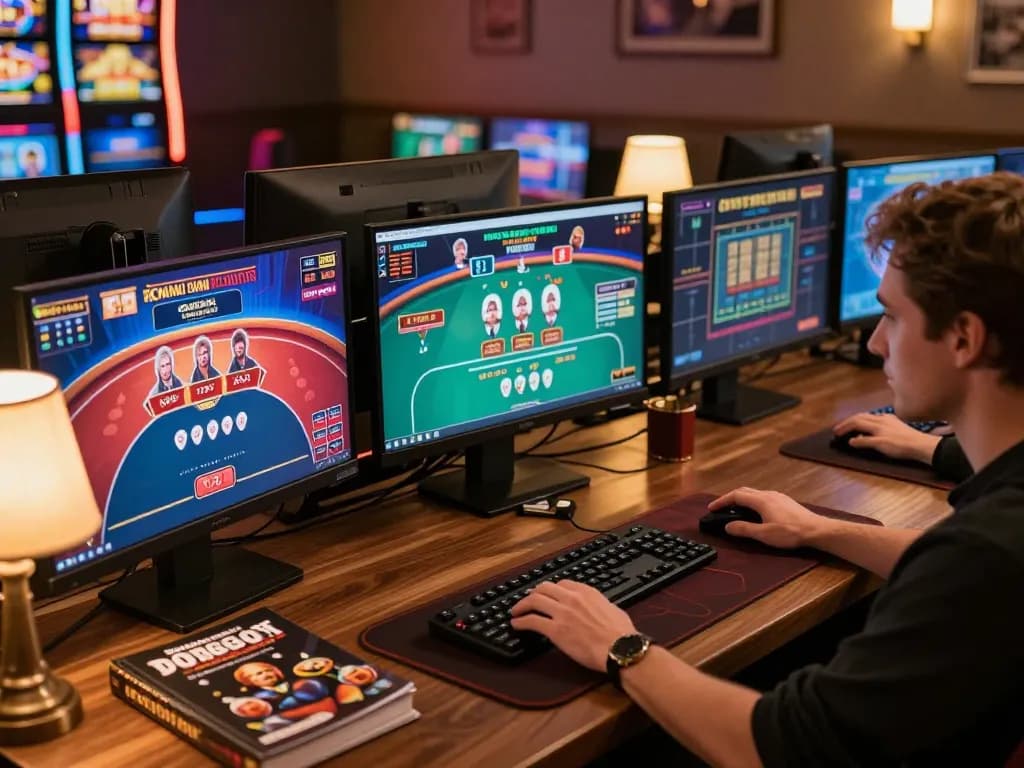 Luck8 player engaged in strategic online casino gaming at a sophisticated gaming setup.