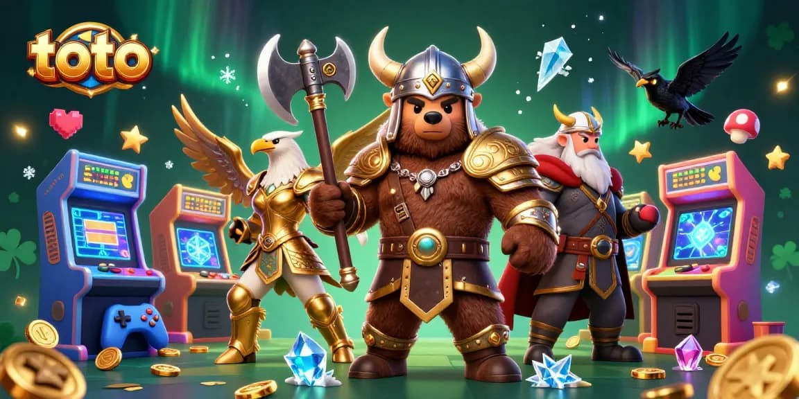 Experience thrilling toto gaming action with a Viking bear and Valkyrie eagle in a vibrant casino adventure.