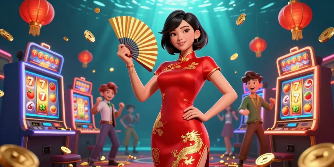 Experience the excitement of mmoo's casino with vibrant slot machines and dynamic elements.