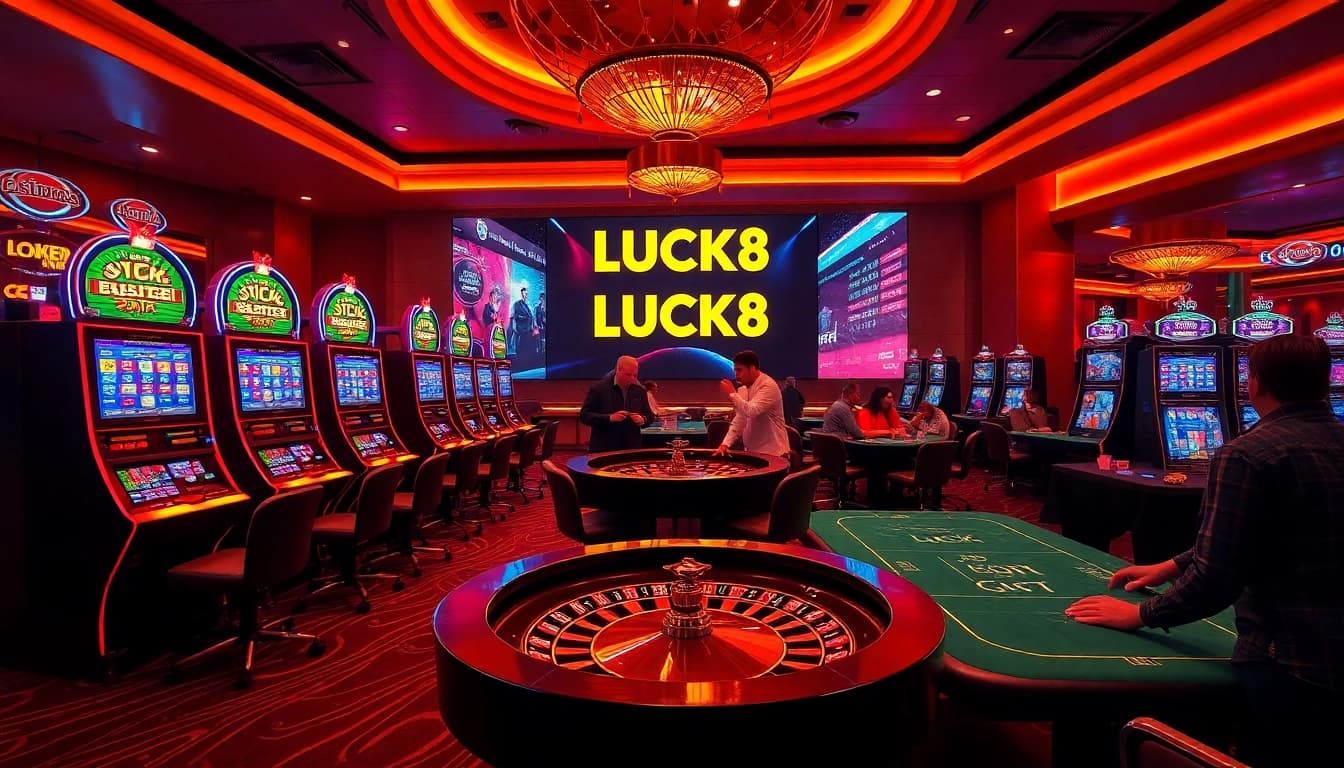 Experience the excitement of LUCK8 casino with vibrant slot machines and a lively poker table.