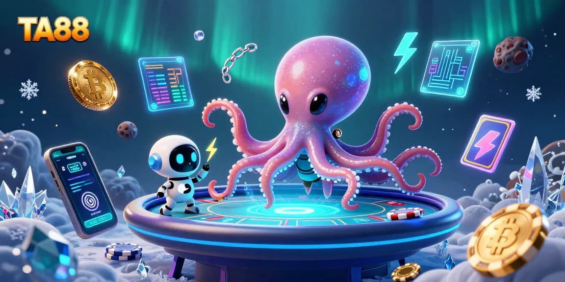 Engage in TA88 gaming with a vibrant, dynamic scene featuring a 3D cartoon alien octopus at a holographic poker table.