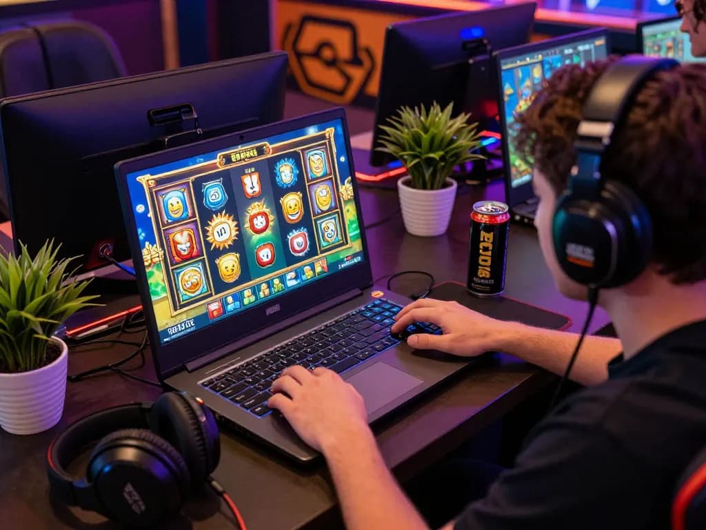 Excited player enjoying zeus138 online slot games on a modern laptop with vibrant animations and cozy atmosphere.