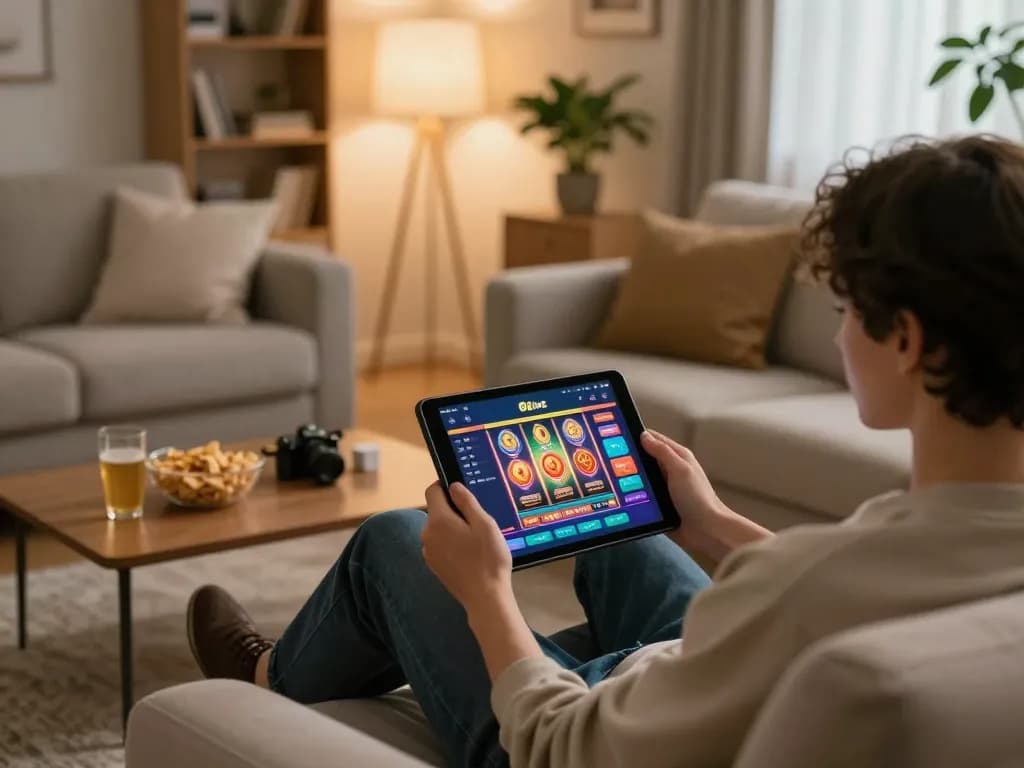 Player enjoying 8live casino app on tablet in a cozy living room setting, showcasing responsible gaming practices