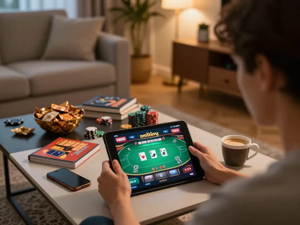 Engaged player strategizing at the best online casinos using a tablet for poker gaming.