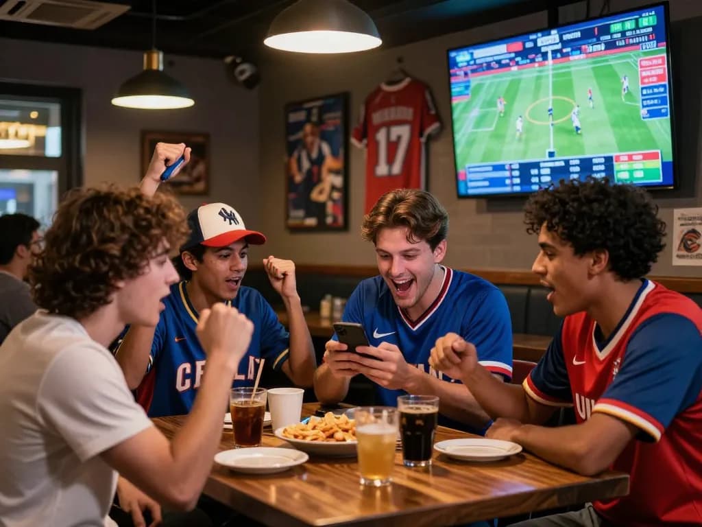 Teman-teman yang bersemangat menganalisis odds mix parley di bar olahraga yang ramai, menampilkan suasana hidup dan kebersamaan.