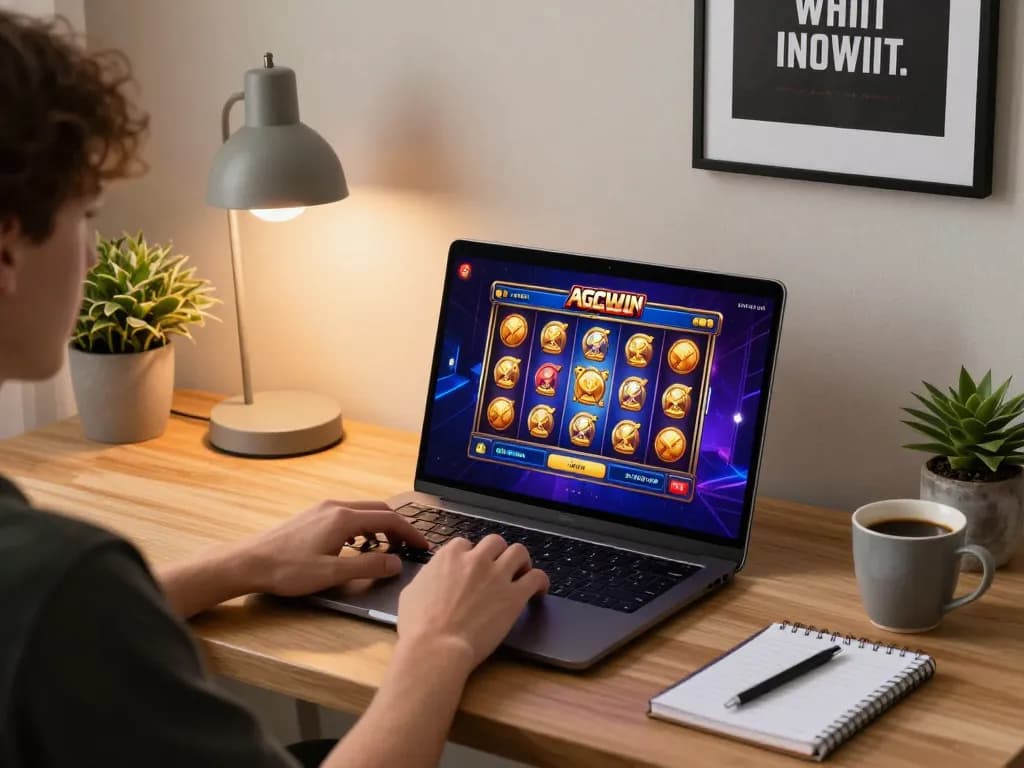 Ikhtisar sesi permainan AGCWIN dengan seorang pemain yang terlibat dalam slot online di meja yang bergaya