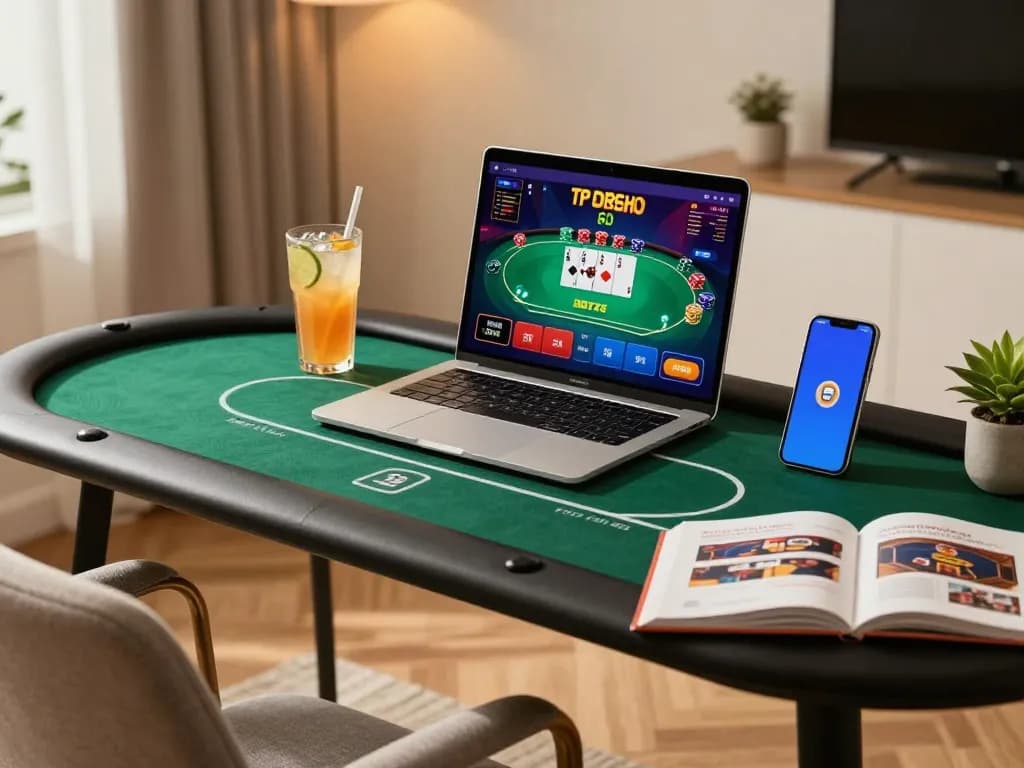 Experience cm88 poker strategy with a cozy home setup featuring a laptop and game book.