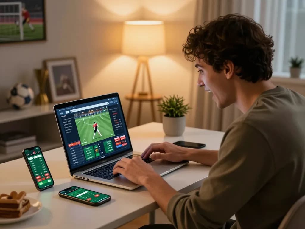 Engaged in online sports betting, checking ty le keo nha cai odds on laptop in cozy setup.