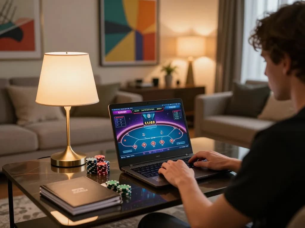 Play online poker at UU88 with vibrant gameplay displayed on a laptop amidst cozy home decor