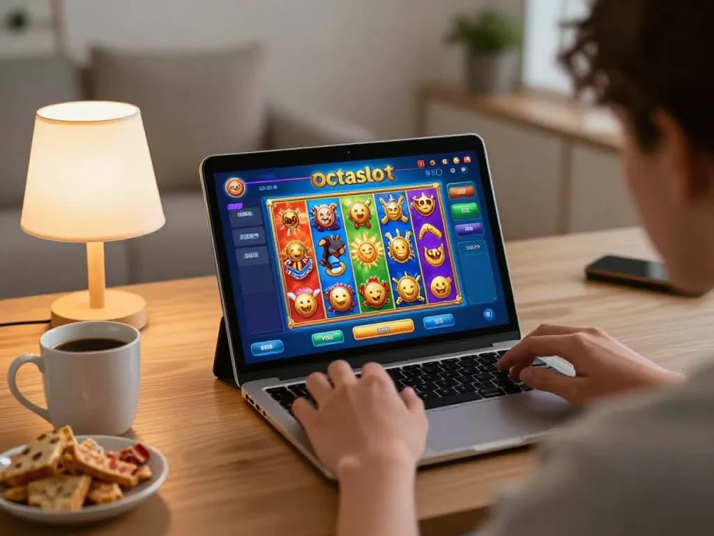 Engaging session of octaslot on tablet, user immersed in online gaming experience at home.