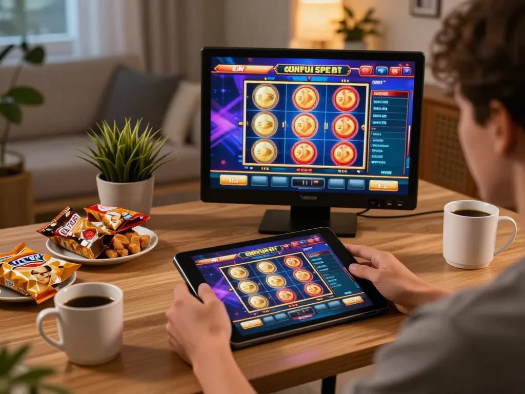 Engaging player enjoying OKFUN slots on tablet in cozy home setup.
