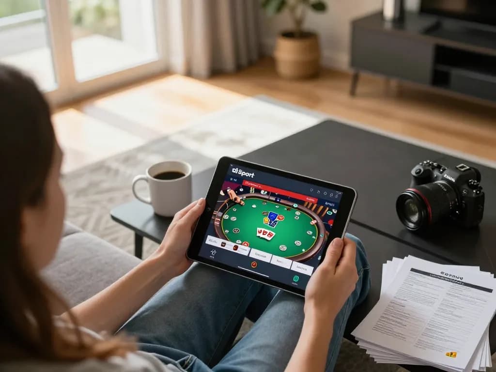 Engaging with the Bsport betting app on a tablet during a cozy gaming session