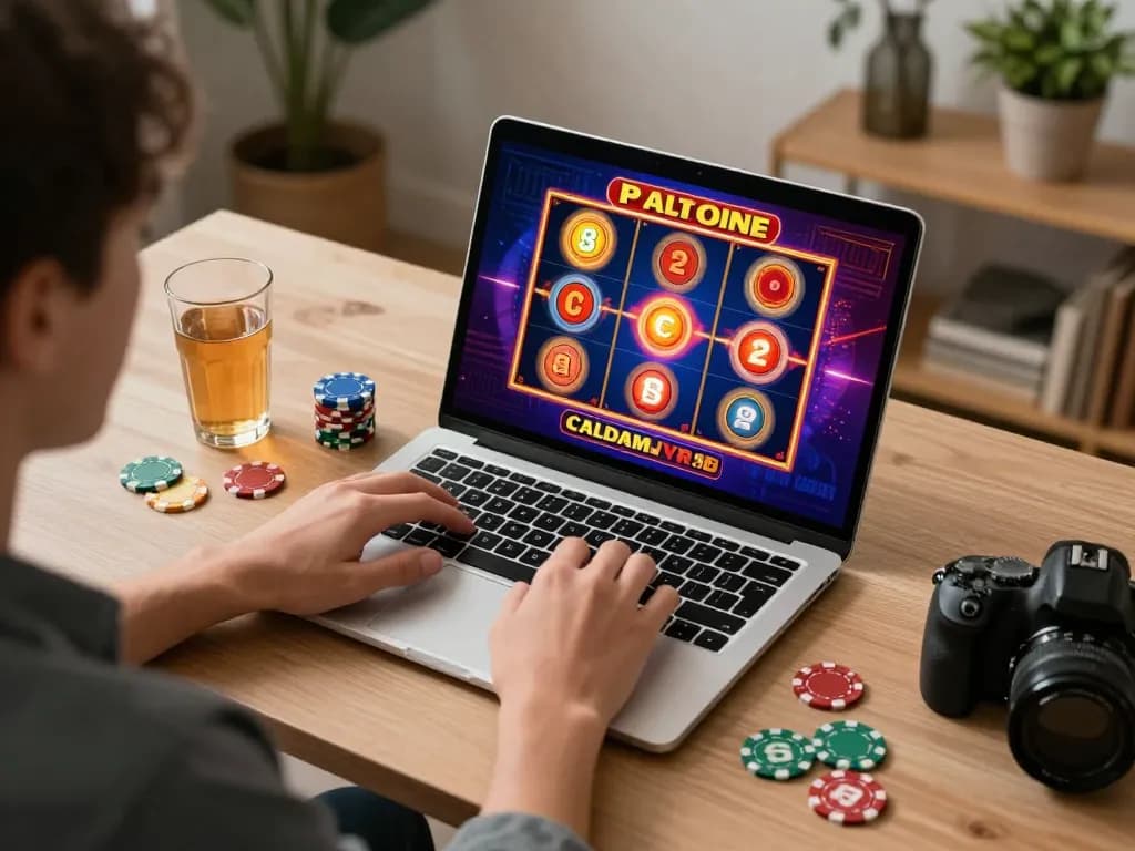 Person enjoying online slot games on a laptop while using 88vv, with vibrant casino elements in a cozy atmosphere.