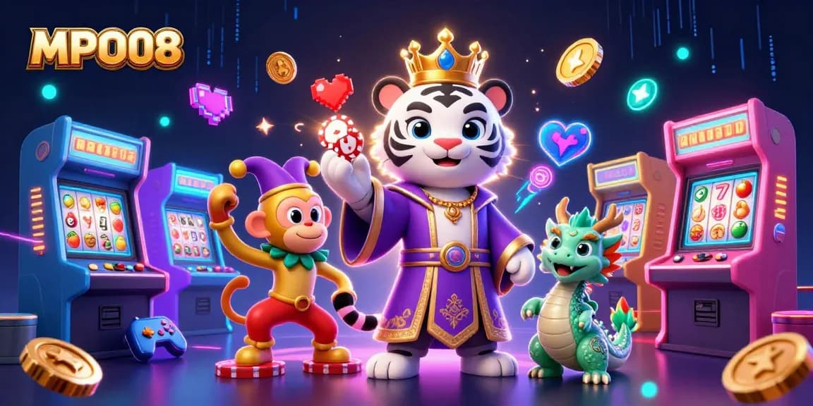 MPO08 guarantees thrilling wins with elegant characters and vibrant game elements in a whimsical casino scene.