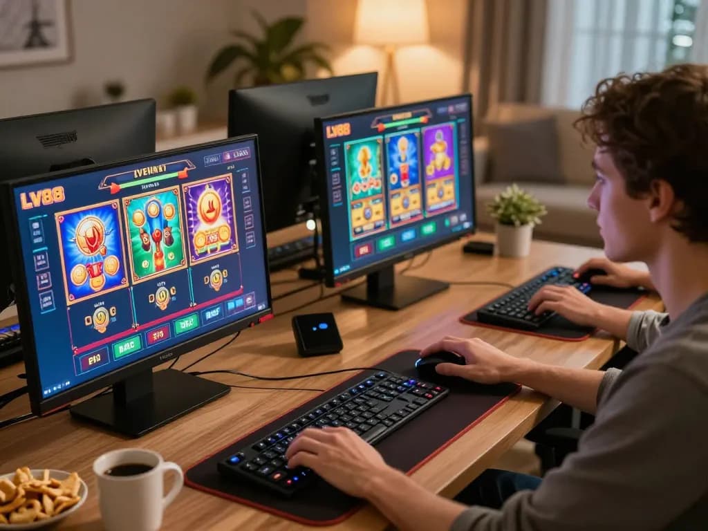Player experiencing LV88 online gaming with vibrant slots and engaging home setup