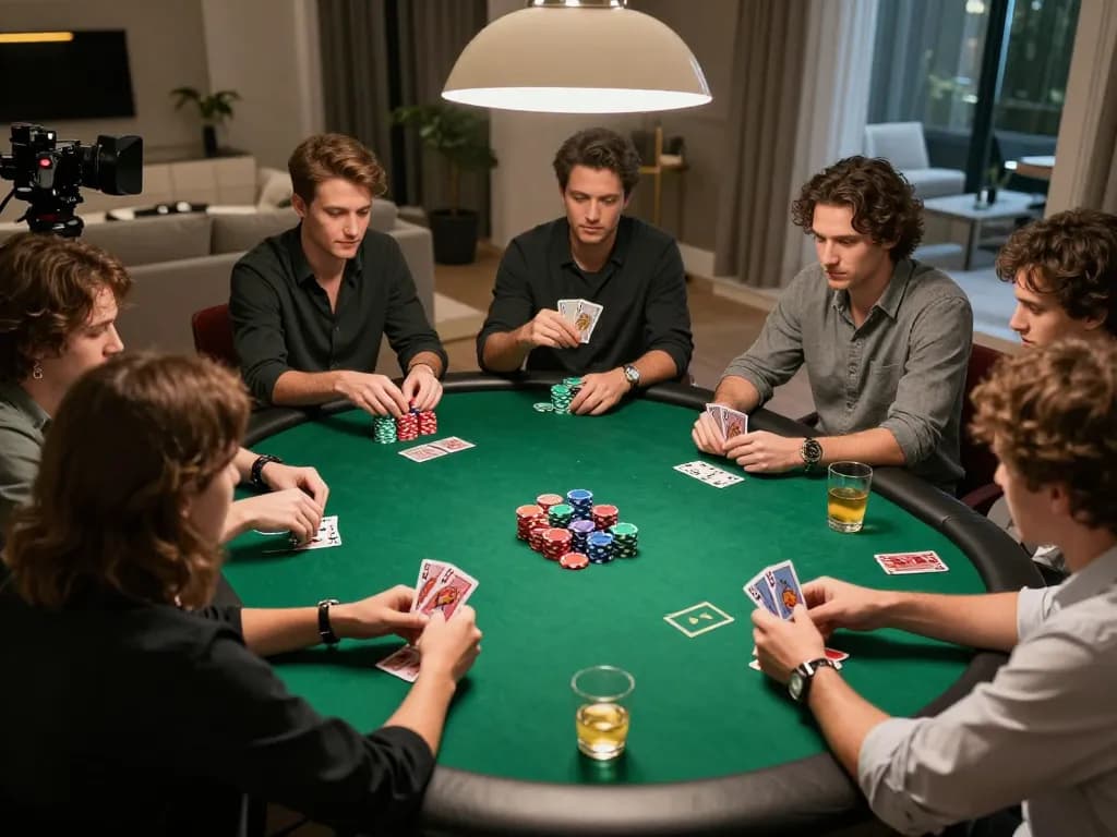 da88 poker game in a sophisticated home setting, players engaged in strategic decisions over chips and cards.