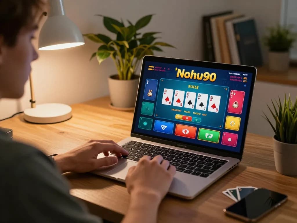 Nohu90 player enjoying a live dealer game experience on their laptop at home.