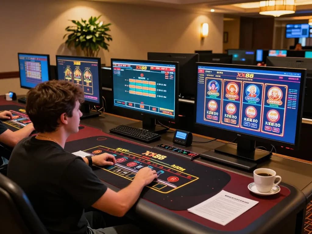 Engaging XX88 video gameplay on multiple screens showcasing slot and live dealer games for online casino fun.