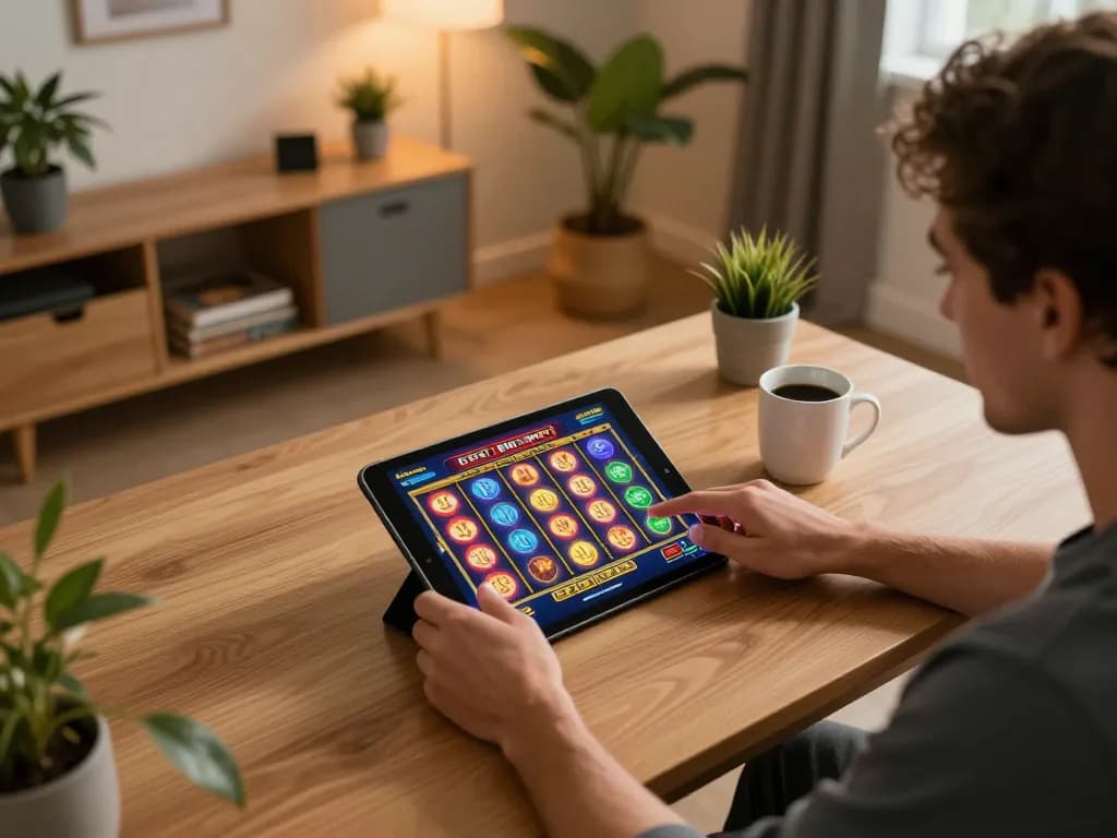 Player enjoying a thrilling session on 9bet tablet, showcasing slot game action in a cozy home environment