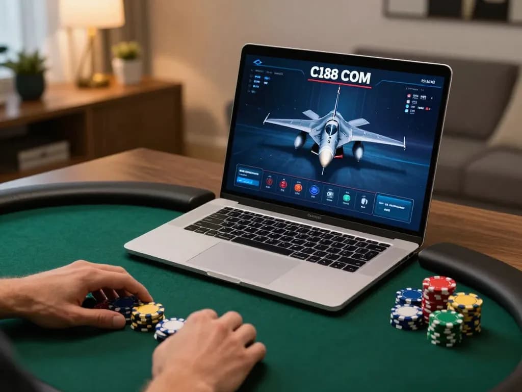 Engaging in strategic gameplay on F168 COM poker interface in a luxurious home office