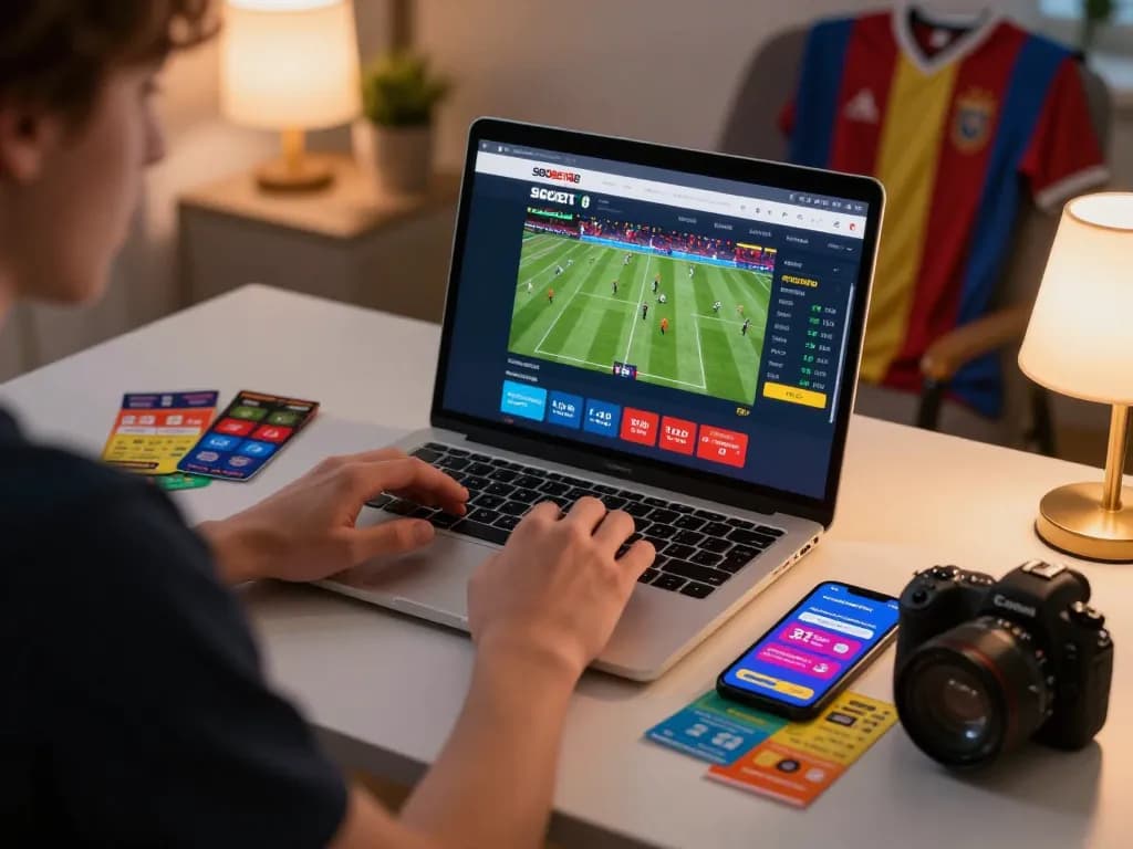 SBOBET88 user engaged in online betting in a cozy home office, surrounded by sports memorabilia and betting tickets.