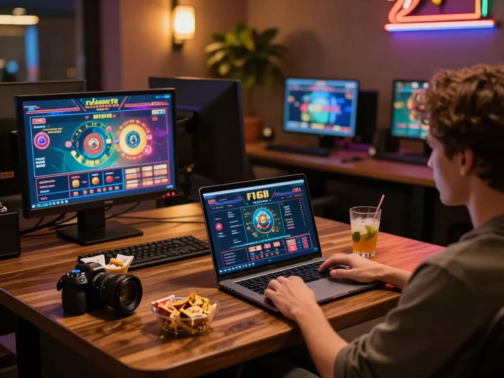 Person enjoying online gambling on F168 with cozy setup and multiple games displayed.