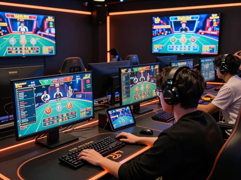 Engaging in luck88 games with advanced online casino setup featuring multiple screens displaying live action.