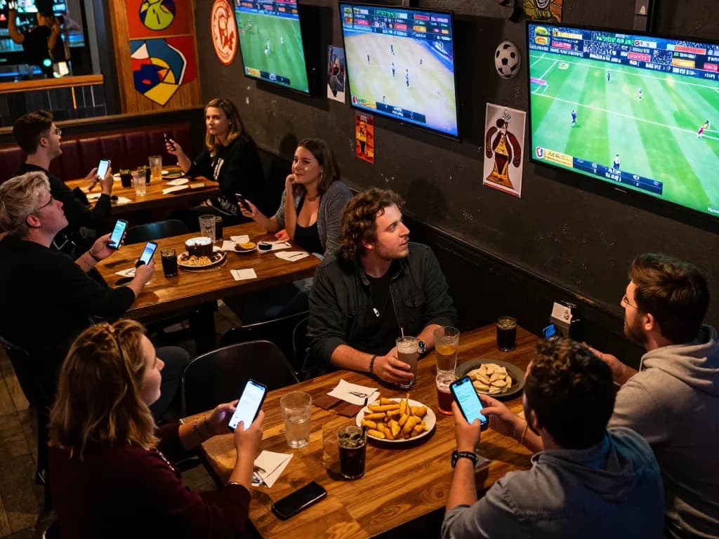 Excited patrons engaging in kèo nhà cái bets at a lively sports bar during a game