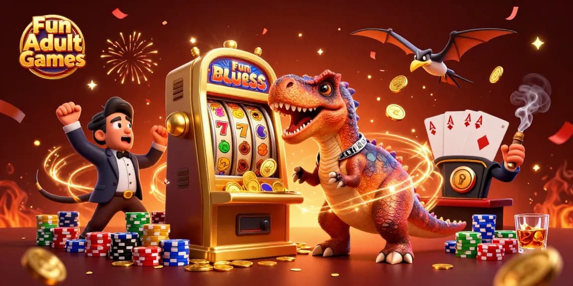 Engage in Fun Adult Games while a dinosaur wins a jackpot at a casino.