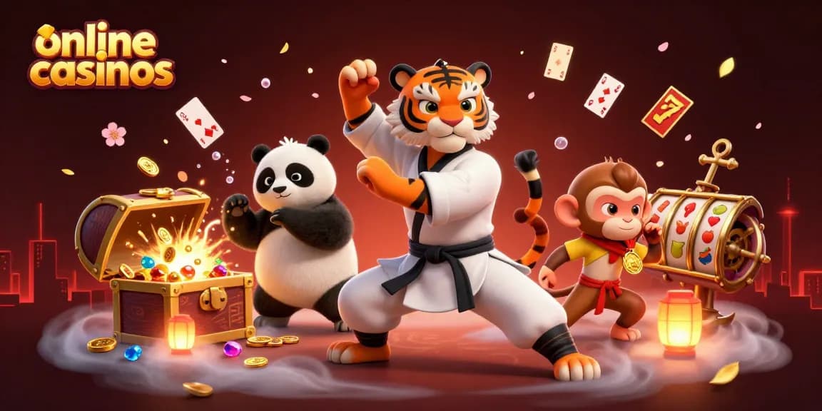 Engage with thrilling action in online casinos featuring a kung fu tiger and playful characters.