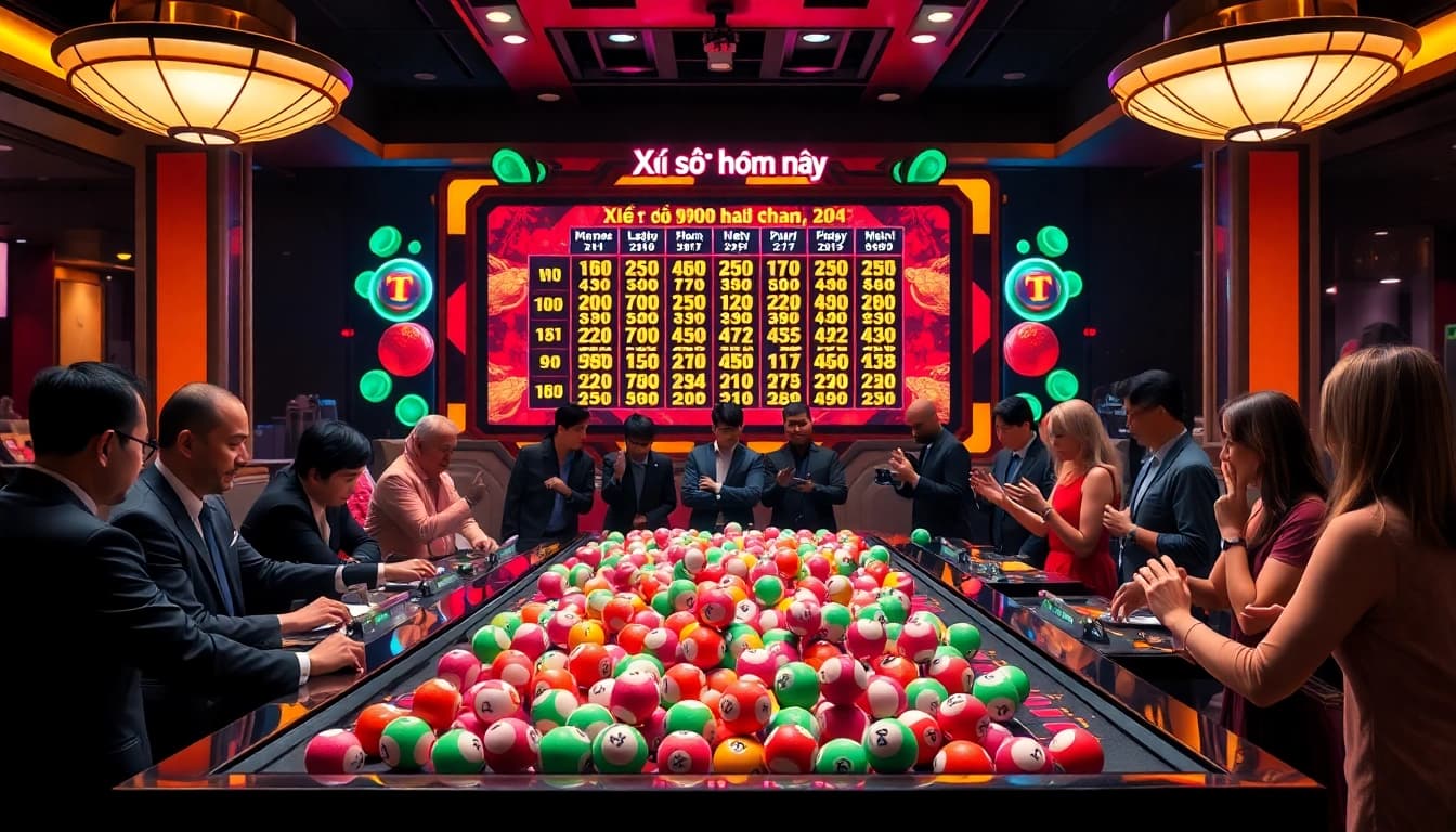 Xổ số hôm nay results displayed as players celebrate wins in a vibrant casino atmosphere.