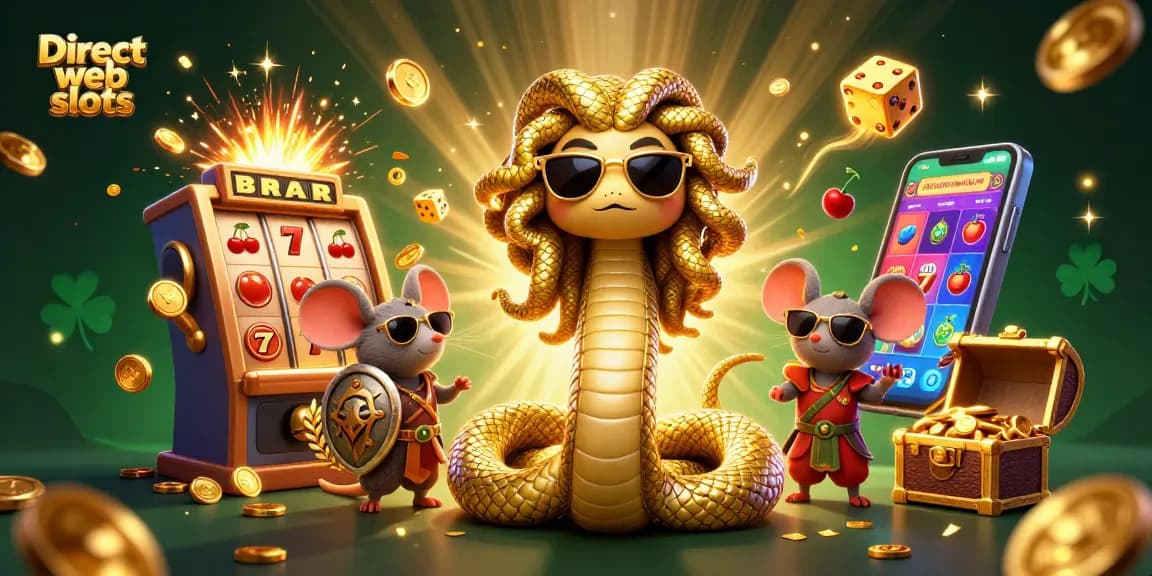 Experience Direct web slots with a vibrant scene of Medusa and a warrior mouse amidst a jackpot explosion.