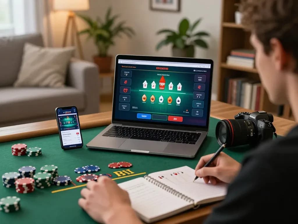 Engaging in live dealer blackjack on nohu.com in a cozy home setting, with strategic notes visible.