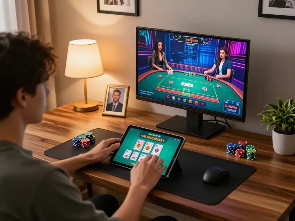 Players strategically managing their bets on 68win from a stylish home gaming setup with vibrant atmosphere
