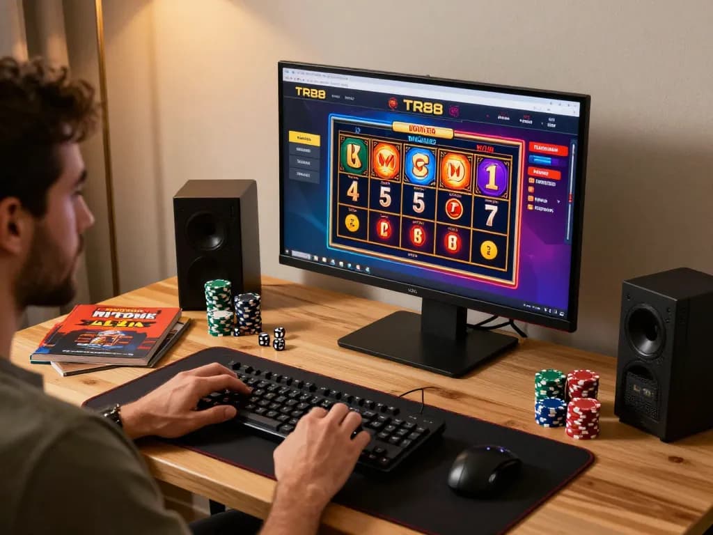 Engaged player exploring games on TR88 casino app with chips and strategy notes.