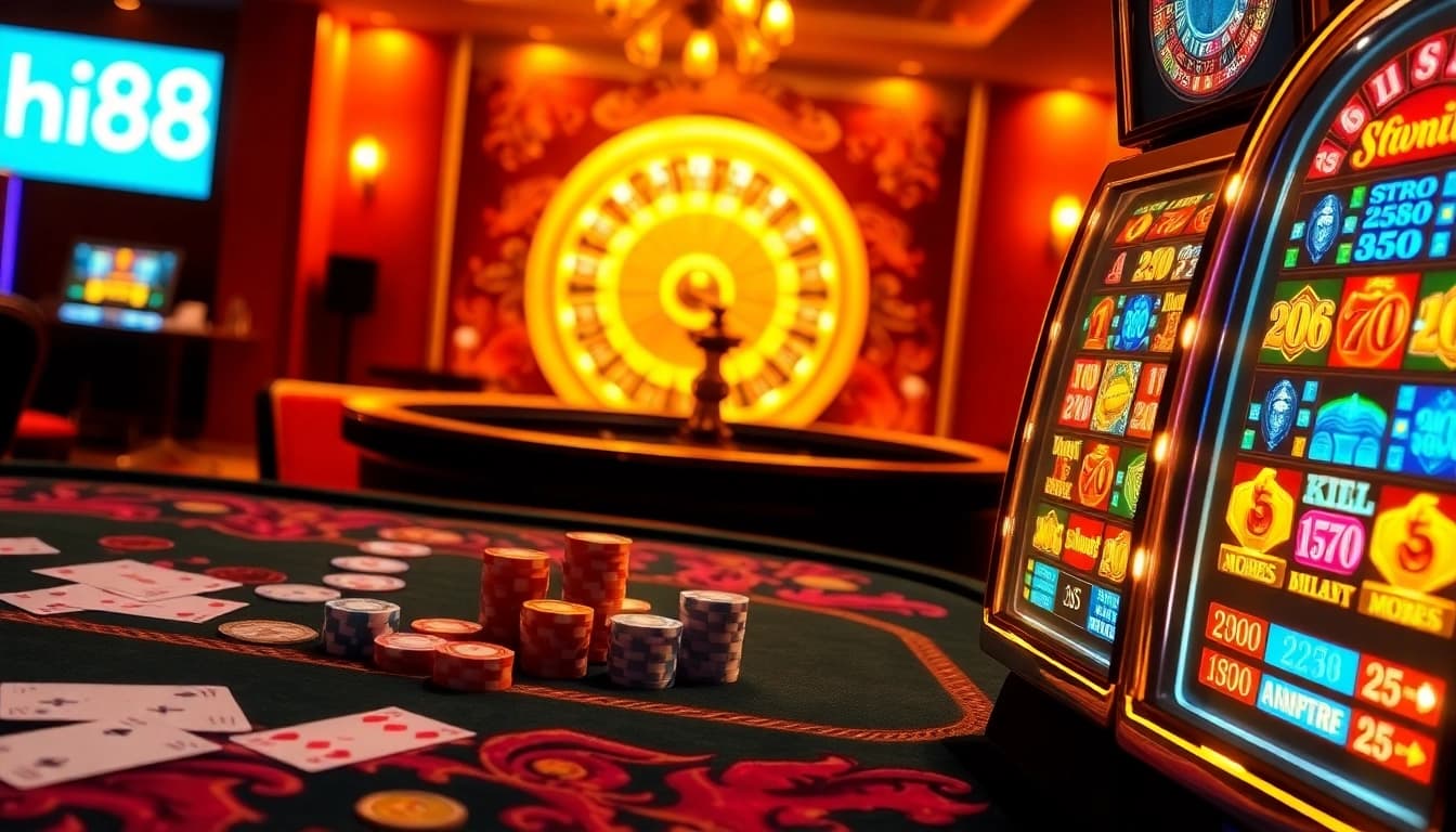 Engage in thrilling gameplay at Hi88 with vibrant tables, casino chips, and energetic atmosphere.