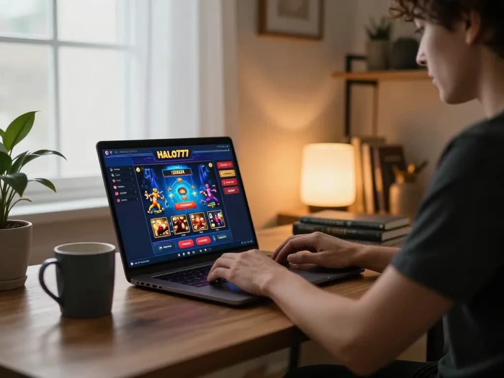 Pemain menikmati permainan imersif di halo777 dengan antarmuka kasino yang menarik ditampilkan di laptop.
