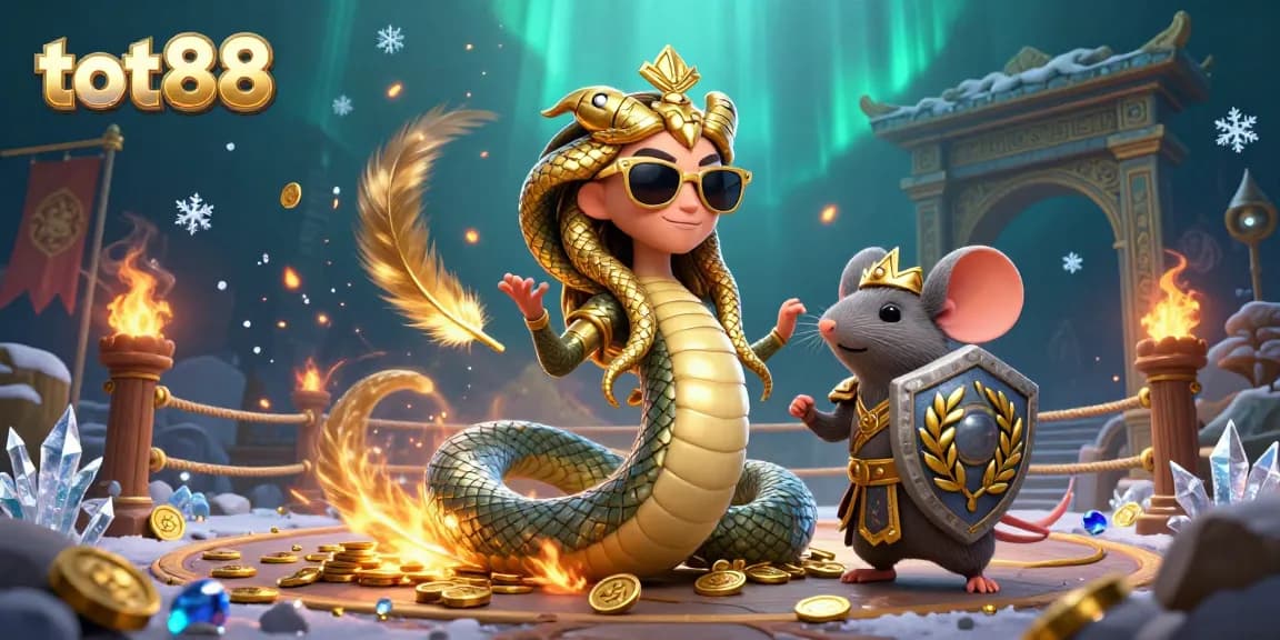Engage in exciting games at tot88, where Medusa and a warrior mouse create a vibrant casino scene.